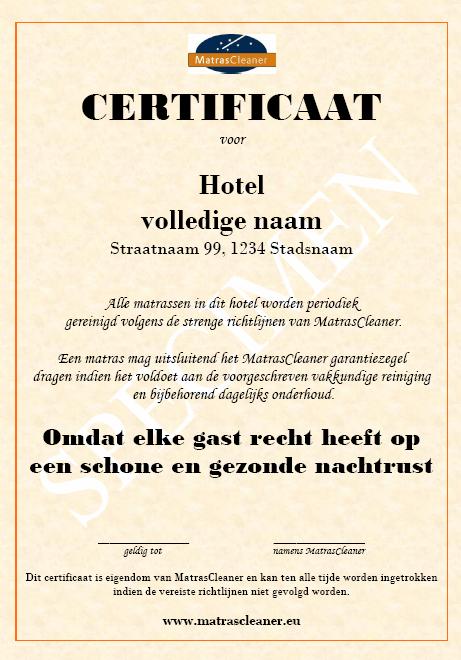certificaat voor in de lift, bij de receptie,...